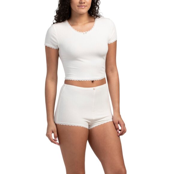 LALA SLEEPWEAR Egret Ribbed Short Sleeve Kiki Crop Top And Shorts Pajama Set - Picture 1 of 2